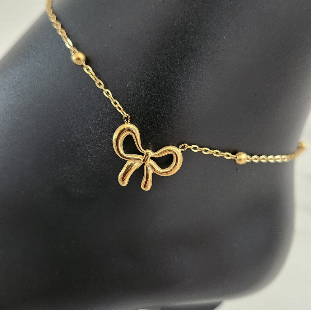 Gold Plated Bow Charm Beaded Chain Adjustable Dainty Anklet - Picture 7 of 12